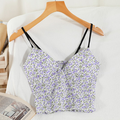 Γυναικεία κοντή αμάνικη μπλούζα με λουλουδάτο μοτίβο και λεπτά τιραντάκια