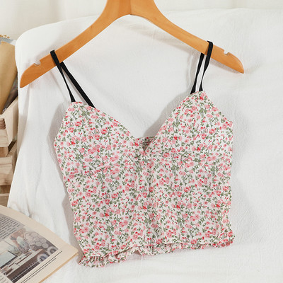 Γυναικεία κοντή αμάνικη μπλούζα με λουλουδάτο μοτίβο και λεπτά τιραντάκια