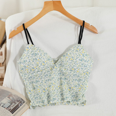 Γυναικεία κοντή αμάνικη μπλούζα με λουλουδάτο μοτίβο και λεπτά τιραντάκια