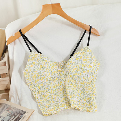 Γυναικεία κοντή αμάνικη μπλούζα με λουλουδάτο μοτίβο και λεπτά τιραντάκια