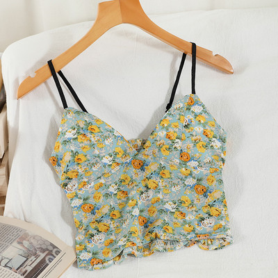 Γυναικεία κοντή αμάνικη μπλούζα με λουλουδάτο μοτίβο και λεπτά τιραντάκια