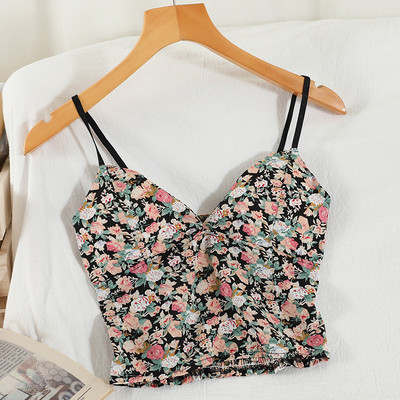 Γυναικεία κοντή αμάνικη μπλούζα με λουλουδάτο μοτίβο και λεπτά τιραντάκια