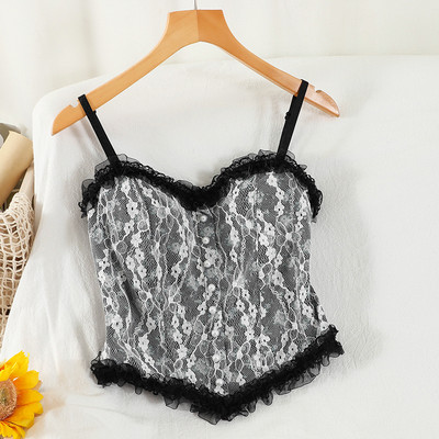 Γυναικείο δαντελωτό αμάνικο μπλουζάκι με κουμπιά και λεπτά τιραντάκια