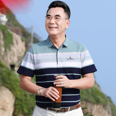 Ανδρικό ριγέ μπλουζάκι με κλασικό κολάρο και κέντημα