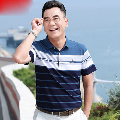 Ανδρικό ριγέ μπλουζάκι με κλασικό κολάρο και κέντημα