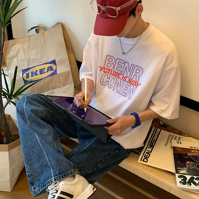 Ανδρικό βαμβακερό μπλουζάκι με οβάλ ντεκολτέ και 3/4 μανίκια