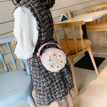 Стилна детска мини кръгла чанта с декоративни перли