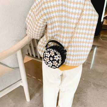 Стилна детска мини кръгла чанта с декоративни перли