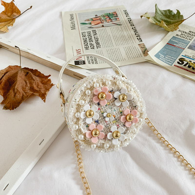 Κομψή παιδική μίνι στρογγυλή τσάντα με διακοσμητικές πέρλες