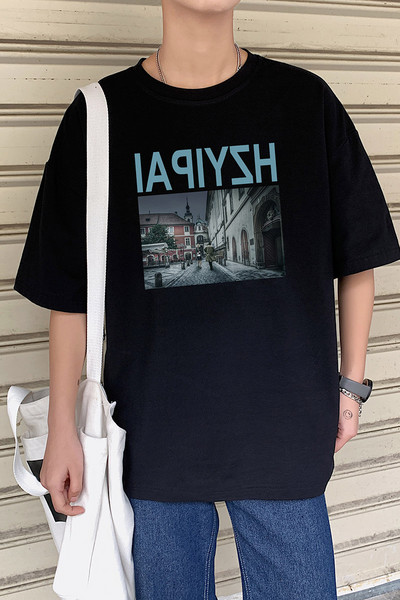 Широка ежедневна тениска с щампа и 3/4 ръкав