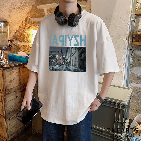 Широка ежедневна тениска с щампа и 3/4 ръкав