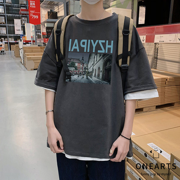 Широка ежедневна тениска с щампа и 3/4 ръкав