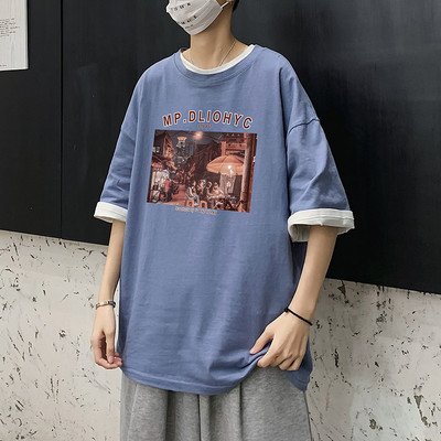 Ανδρικό μπλουζάκι φαρδύ μοντέλο με απλικέ και 3/4 μανίκια