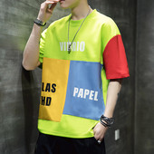 Värviline meeste T-särk ovaalse kaelusega ja kirjadega