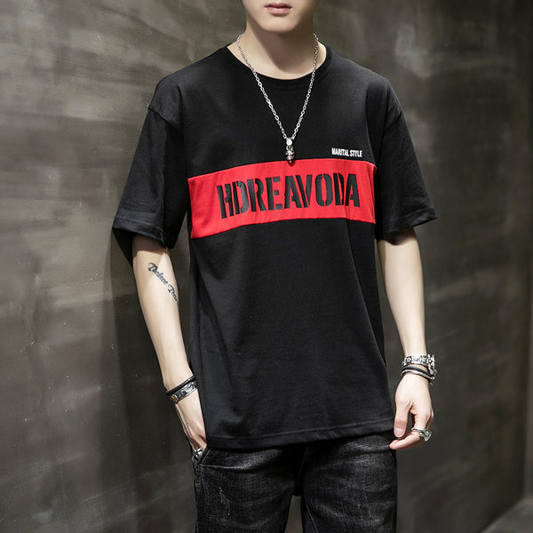 Ανδρικό φαρδύ μπλουζάκι με επιγραφή και 3/4 μανίκια