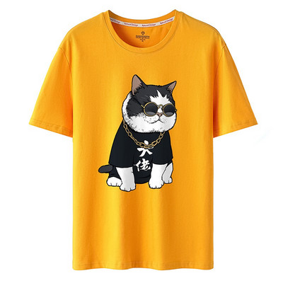 Ανδρικό μπλουζάκι με απλικέ γάτα και οβάλ ντεκολτέ