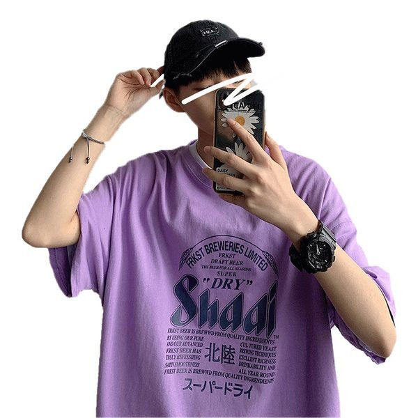 Мъжка широка тениска с надпис и 3/4 ръкав 