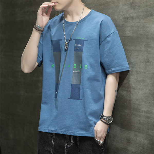 Лятна мъжка тениска с щампа и овално деколте в няколко цвята