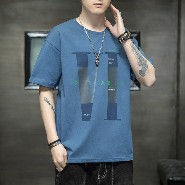 Лятна мъжка тениска с щампа и овално деколте в няколко цвята