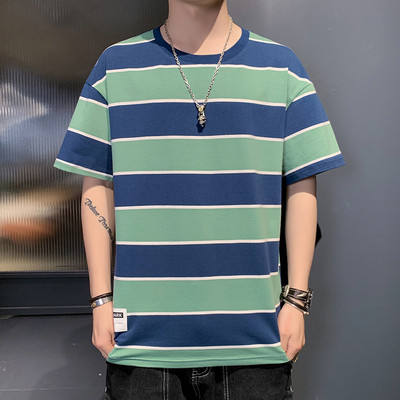 Meeste triibuline T-särk ovaalse kaelusega ja 3/4 varrukatega