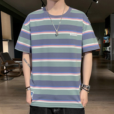 Meeste triibuline T-särk ovaalse kaelusega ja 3/4 varrukatega