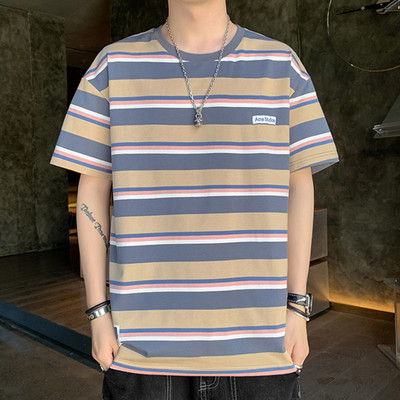 Meeste triibuline T-särk ovaalse kaelusega ja 3/4 varrukatega