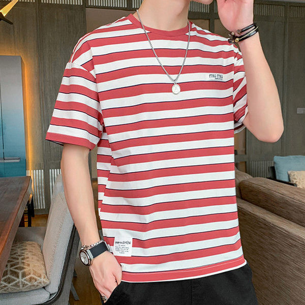 Meeste triibuline T-särk ovaalse kaelusega ja 3/4 varrukatega