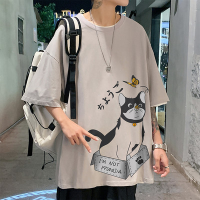 Lühikeste varrukate ja kassipoegade aplikatsiooniga meeste T-särk