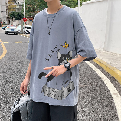 Lühikeste varrukate ja kassipoegade aplikatsiooniga meeste T-särk