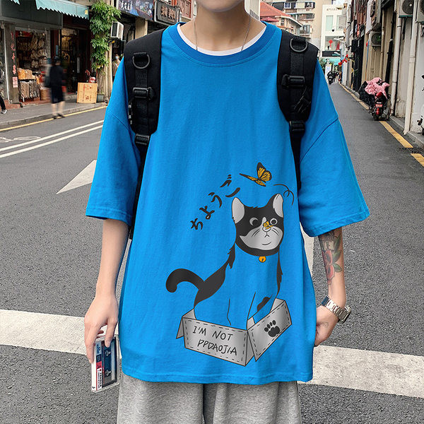 Lühikeste varrukate ja kassipoegade aplikatsiooniga meeste T-särk