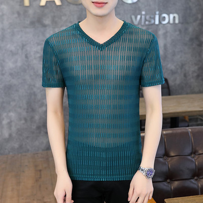 Meeste siidist T-särk lühikeste varrukate ja V-kaelusega