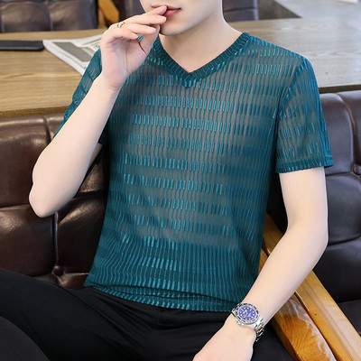 Meeste siidist T-särk lühikeste varrukate ja V-kaelusega