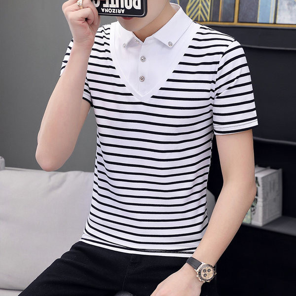 Uus mudel meeste triibuline nööpide ja lühikeste varrukatega pluus