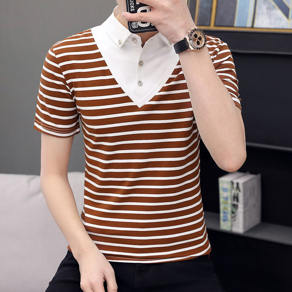 Uus mudel meeste triibuline nööpide ja lühikeste varrukatega pluus