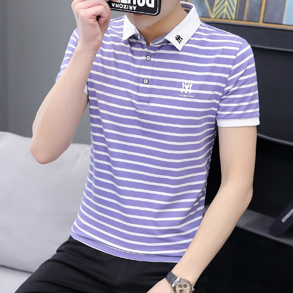 Meeste triibuline klassikalise krae ja nööpidega T-särk