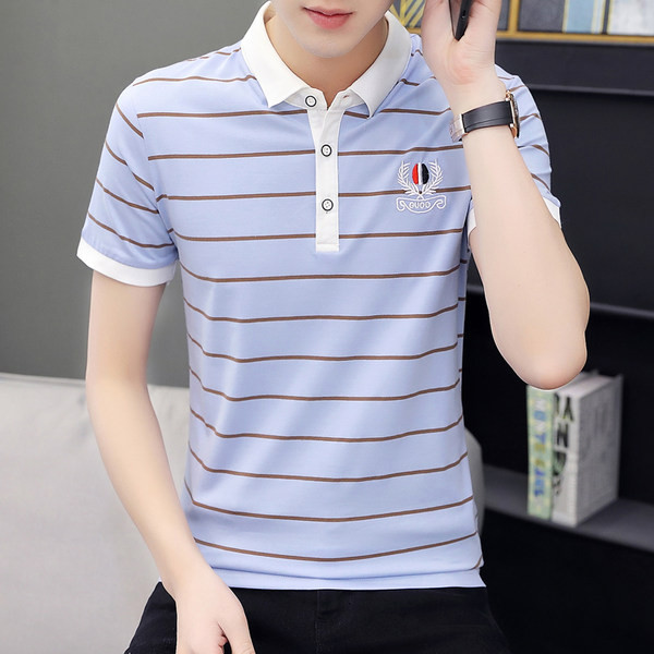 Klassikalise krae ja tikandiga triibuline meeste pluus