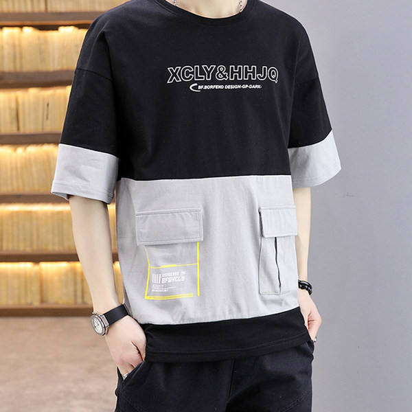 Ανδρικό μπλουζάκι με επιγραφή και τσέπες με 3/4 μανίκια