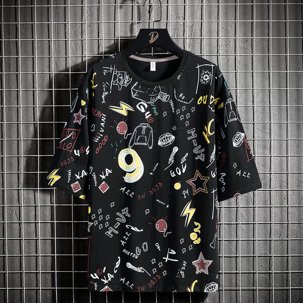 Värviline lühikeste varrukate ja ümara kaelusega meeste T-särk