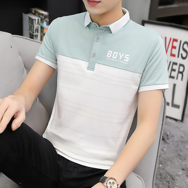 Модерна мъжка раирана тениска с класическа яка и къс ръкав