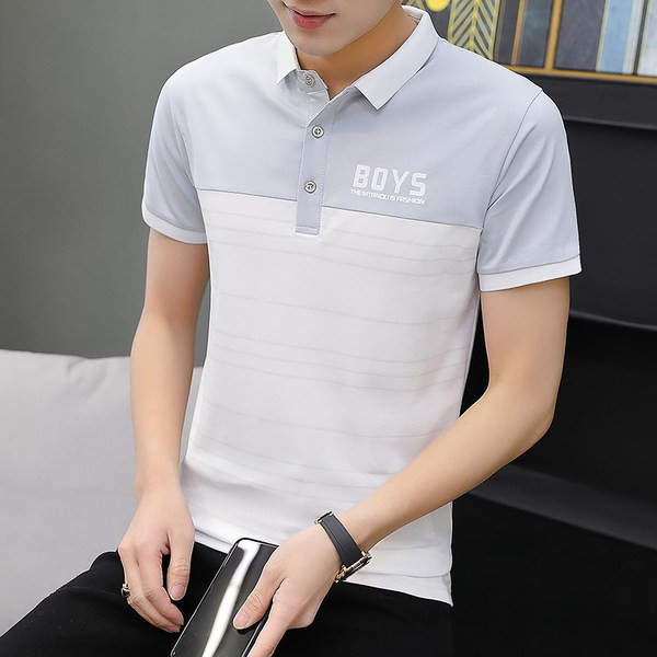 Модерна мъжка раирана тениска с класическа яка и къс ръкав