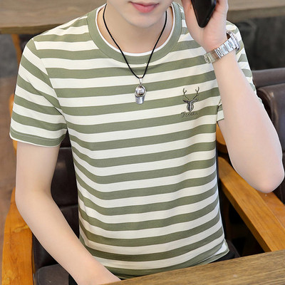 Meeste triibuline lühikeste varrukate ja tikandiga T-särk