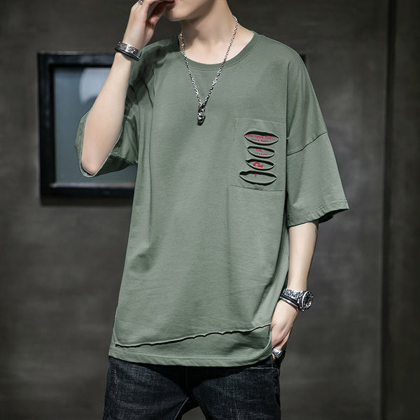 Meeste lai T-särk väljalõigatud osade ja 3/4 varrukatega