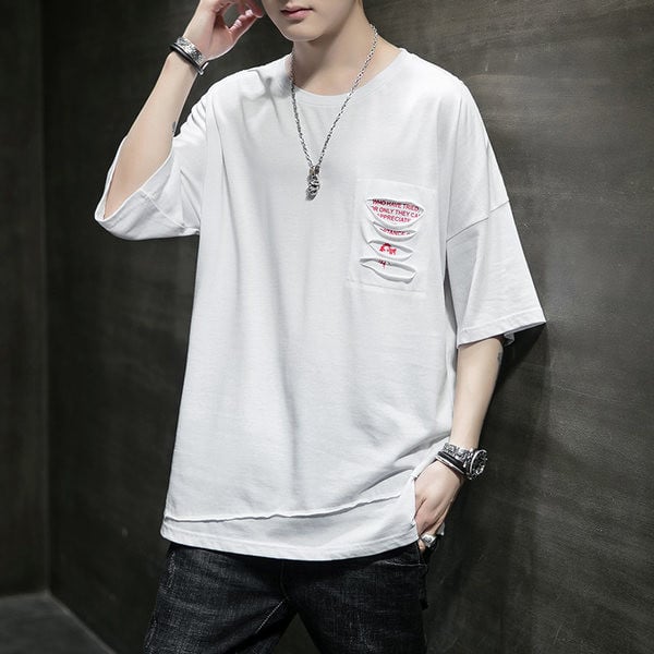 Meeste lai T-särk väljalõigatud osade ja 3/4 varrukatega