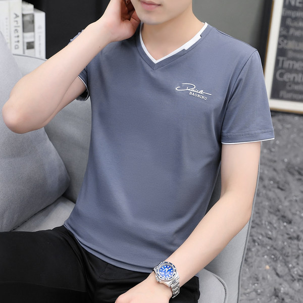 Lühikeste varrukate ja spitsikaelusega vabaaja meeste T-särk