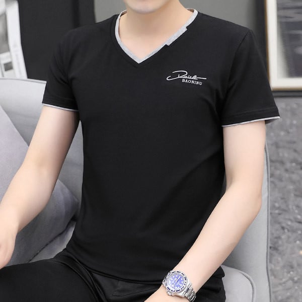 Lühikeste varrukate ja spitsikaelusega vabaaja meeste T-särk