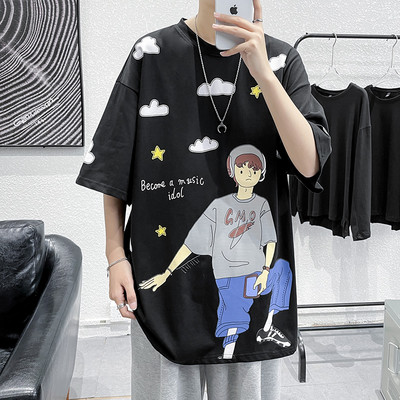 Lai puuvillane 3/4 varrukate ja värvilise aplikatsiooniga T-särk