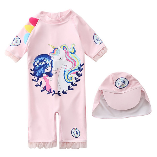 Värvilise aplikatsiooniga roosat värvi laste ujumistrikoo, mis sobib tüdrukutele