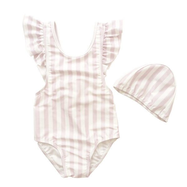Dječji kupaći kostim na pruge u bež boji