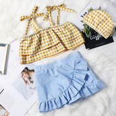 Moekas tüdrukute ujumistrikoo, kaheosaline tops ja lokkidega seelik