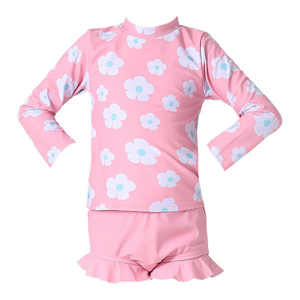 Laste täisujumistrikoo pikkade varrukatega ja aplikatsioonililledega